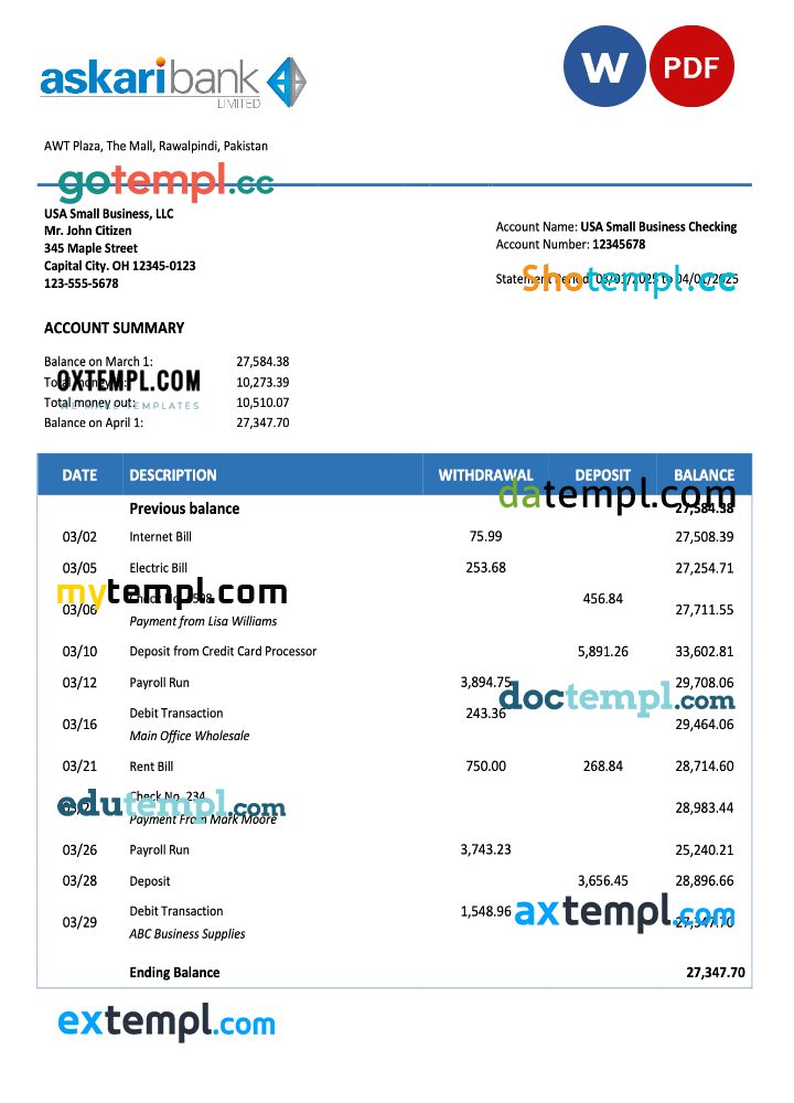 Pakistan Askari Bank business checking account statement Word and PDF template