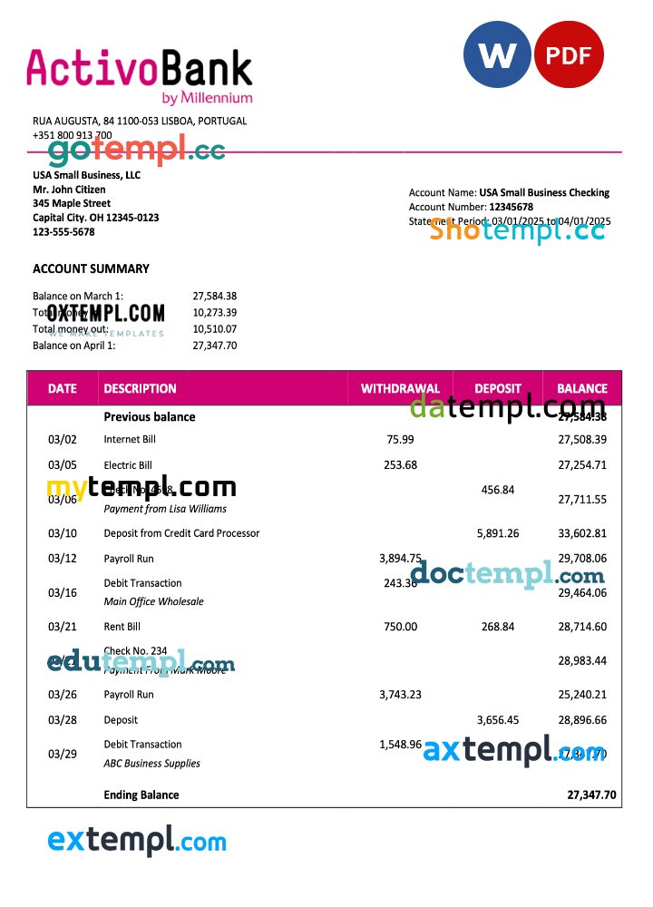 Portugal Activobank company checking account statement Word and PDF template