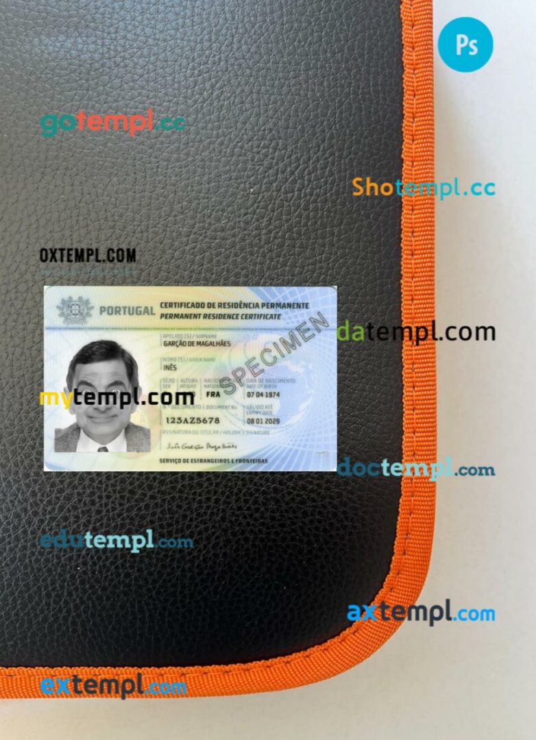 Portugal permanent residence certificate editable PSD files, scan look and photo-realistic look, 2 in 1