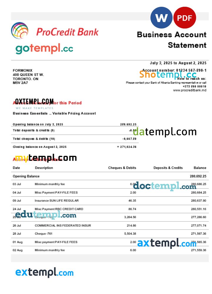 ProCredit organization checking account statement Word and PDF format