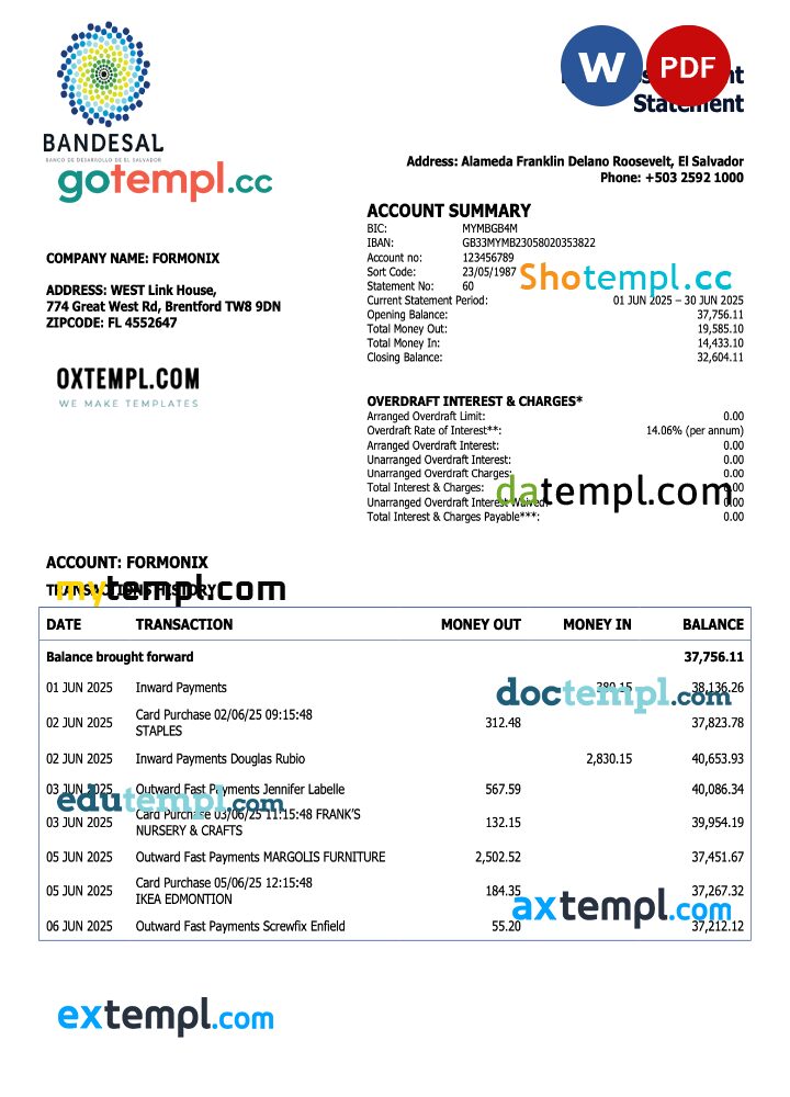 Salvador Bandesal organization checking account statement Word and PDF template