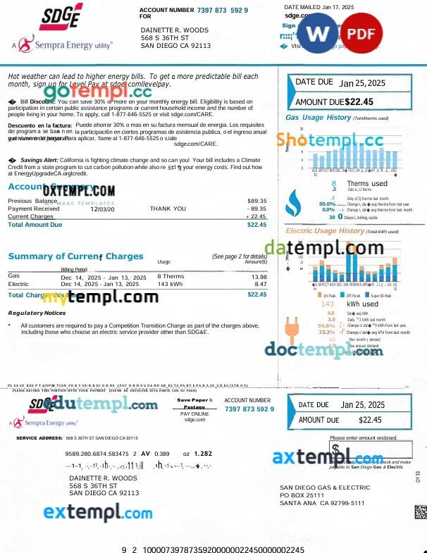 USA San Diego Gas & Electric (SDG&E) utility bill in Word and PDF format