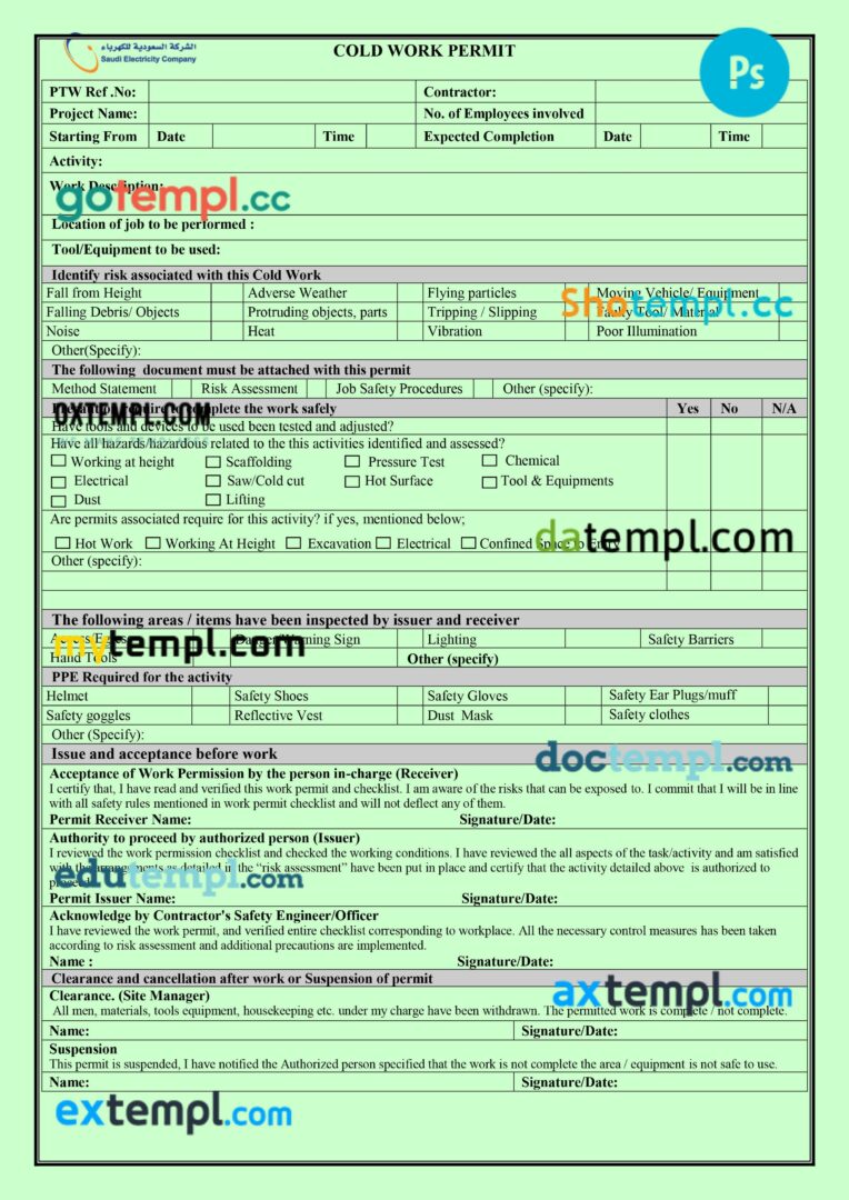 Saudi Arabia electricity company work permit template in PSD format