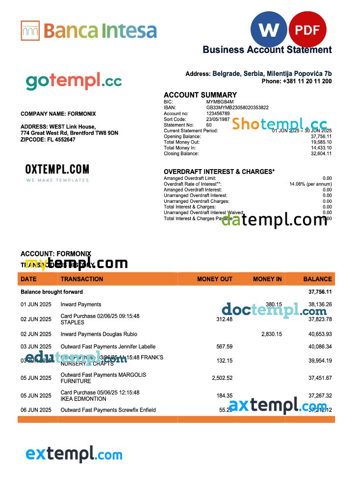 Serbian Banca Intesa enterprise account statement Word and PDF template