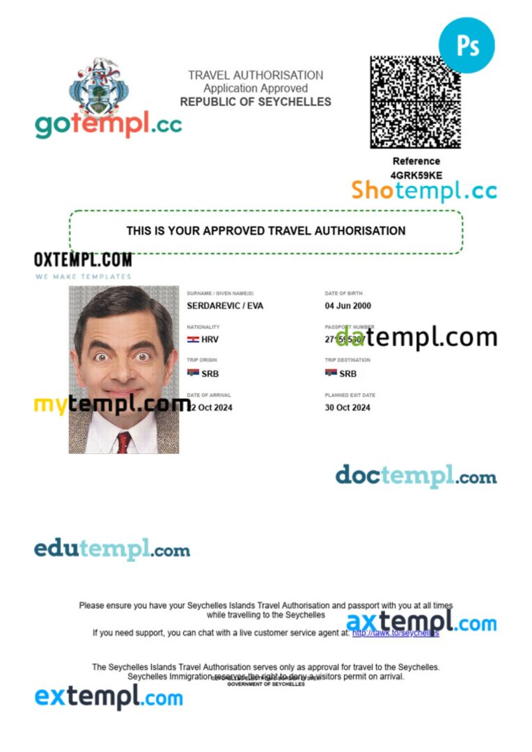 Seychelles e-visa template in PSD format, 2024-present