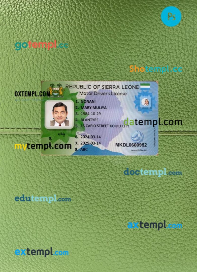 Sierra Leone driving license PSD files, scan look and photographed image, 2 in 1, 2019-present