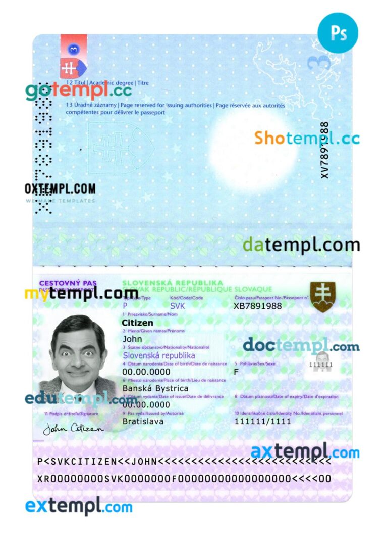 Slovakia passport PSD template, 2014-present