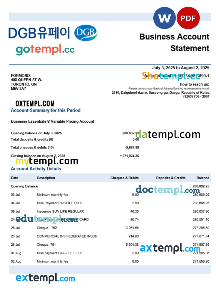 South Korean Daegu firm statement Word and PDF template