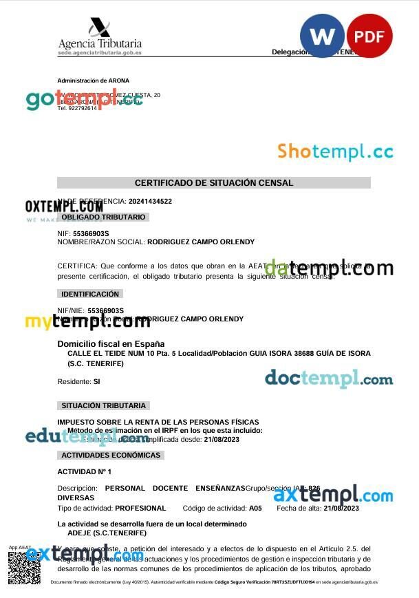 Spain Agencia Tributaria certificado de situacion censal template in Word and PDF format