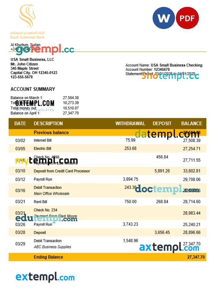 Sudanese Saudi Sudanese Bank business account statement Word and PDF template