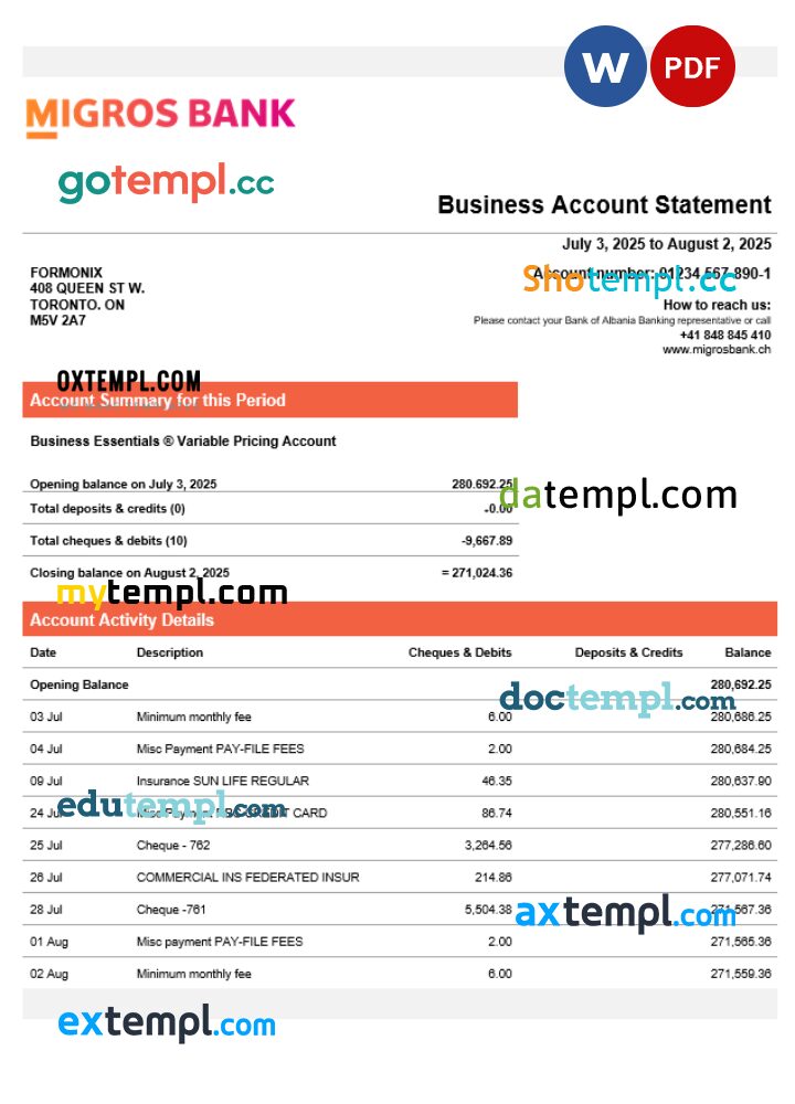 Swiss Migrosbank enterprise statement Word and PDF format