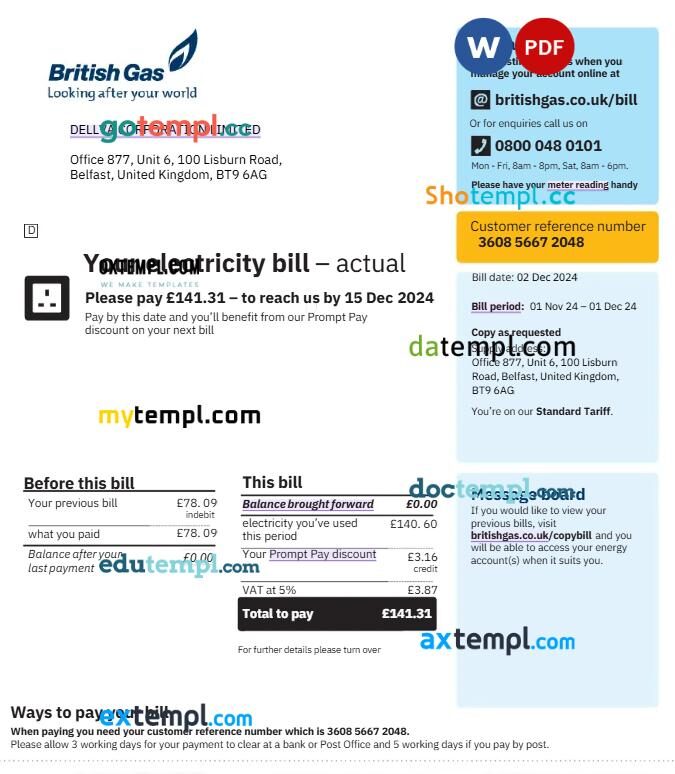 UK British gas utility bill in Word and PDF format