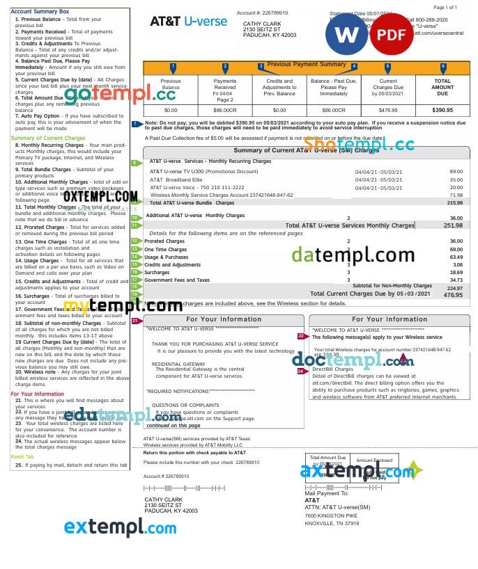 USA AT&T utility bill in Word and PDF format