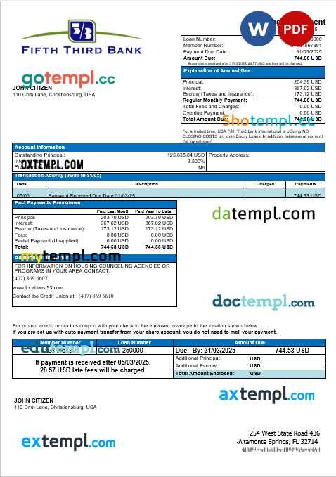 USA Fifth Third Bank mortgage statement in Word and PDF formats