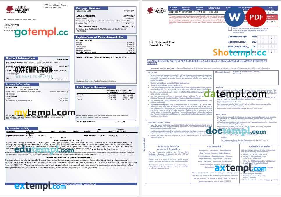 USA First Century Bank mortgage statement in Word and PDF formats, 3 pages