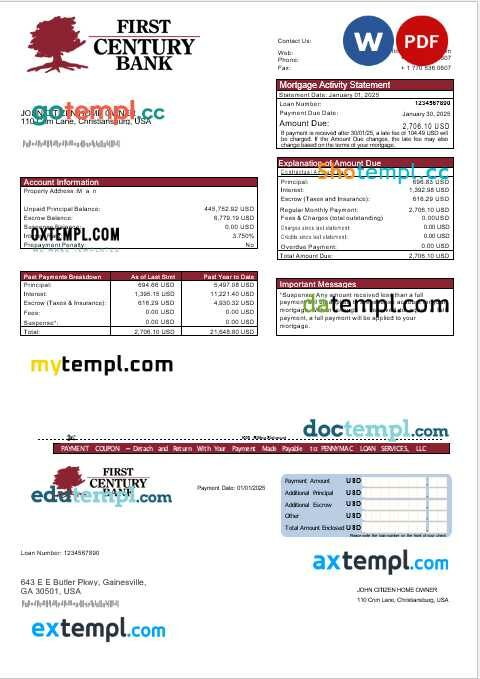 USA Georgian Gainesville First Century bank mortgage statement in Word and PDF formats