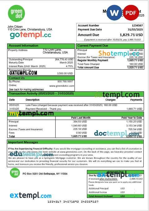 USA Green Dot mortgage statement in Word and PDF formats