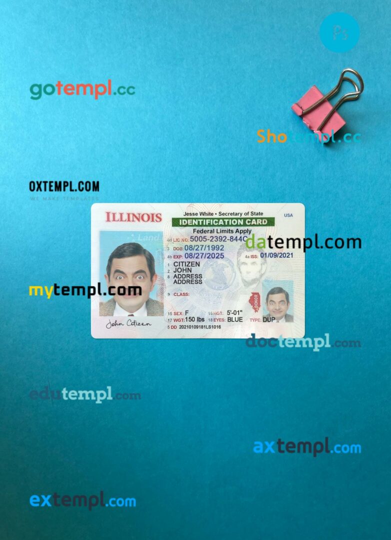 USA Illinois ID card editable PSD files, scan look and photo-realistic look, 2 in 1