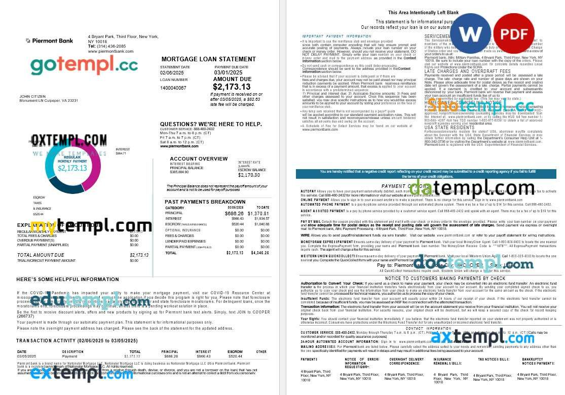 USA New York Piermont bank mortgage loan statement in Word and PDF formats, 4 pages