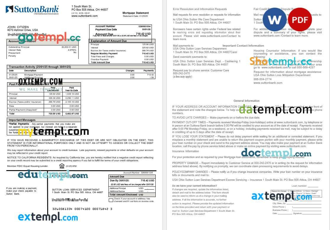 USA Ohio Sutton bank mortgage statement in Word and PDF formats