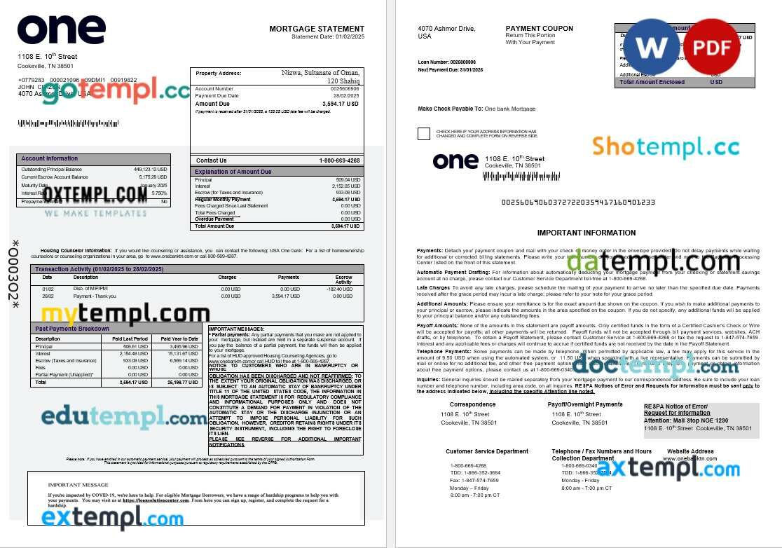 USA One bank mortgage statement in Word and PDF formats
