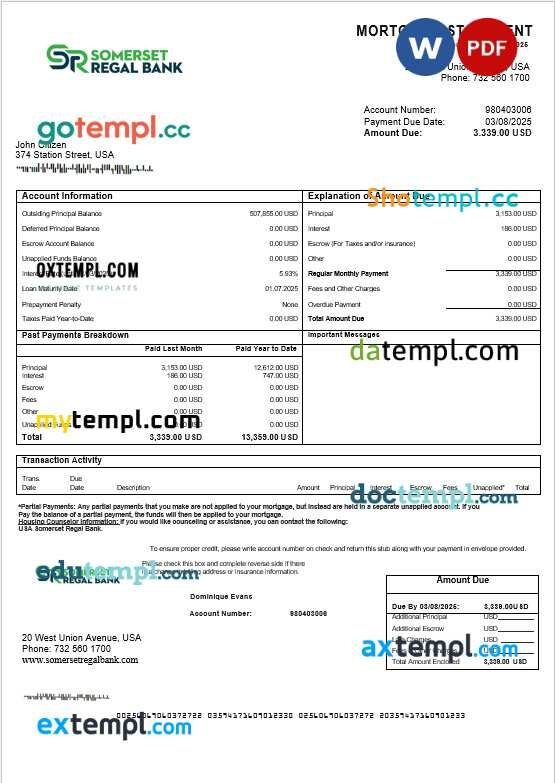 USA Somerset Regal Bank mortgage statement in Word and PDF formats