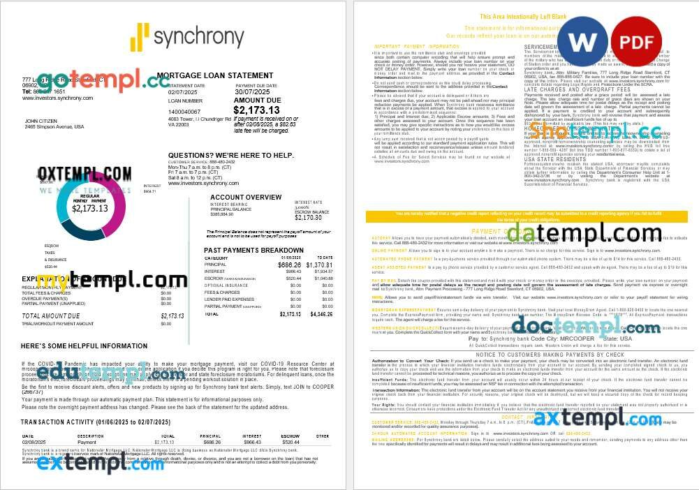 USA Synchrony Bank mortgage loan statement in Word and PDF formats, 4 pages