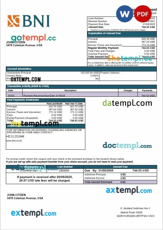USA Texas BNI bank mortgage statement in Word and PDF formats