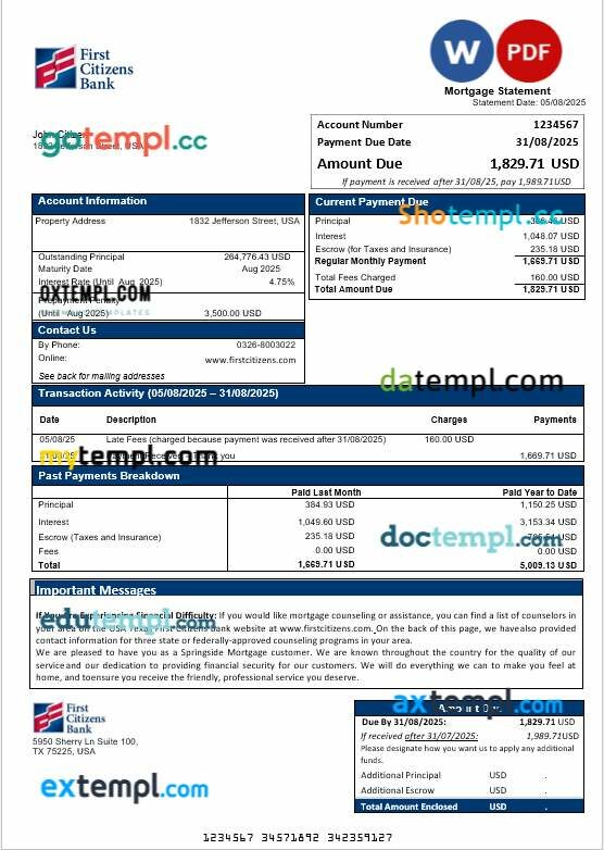 USA Texas First Citizens bank mortgage statement in Word and PDF formats