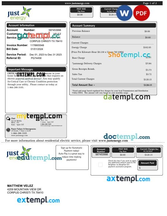 USA Texas Just Energy electricity utility bill in Word and PDF format