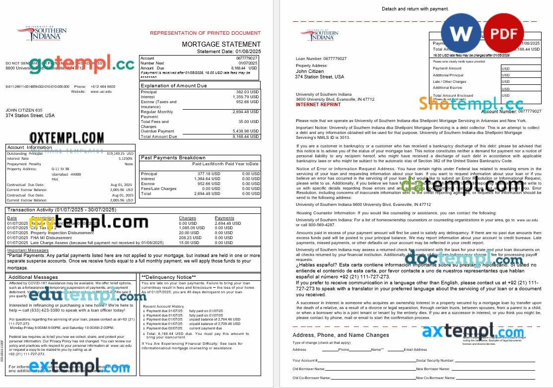 USA University of Southern Indianna account mortgage statement in Word and PDF formats, 3 pages