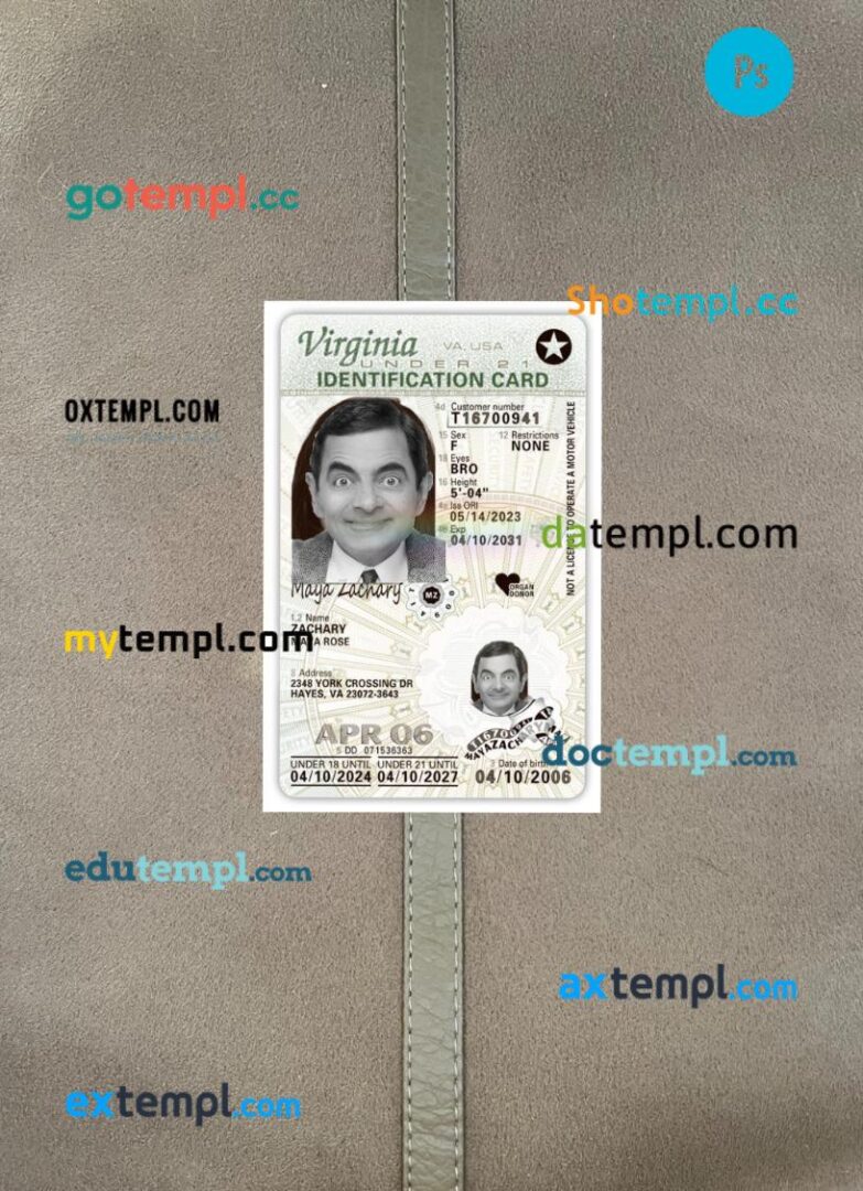 USA Virginia under 21 ID card PSD files, scan look and photo-realistic look, 2 in 1, 2024-present