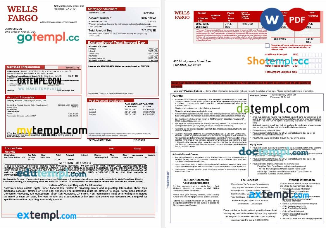 USA Wells Fargo bank mortgage statement in Word and PDF formats, 3 pages