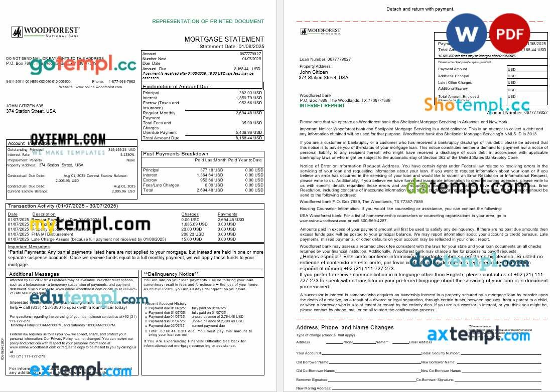 USA Woodforest bank mortgage statement in Word and PDF formats, 3 pages
