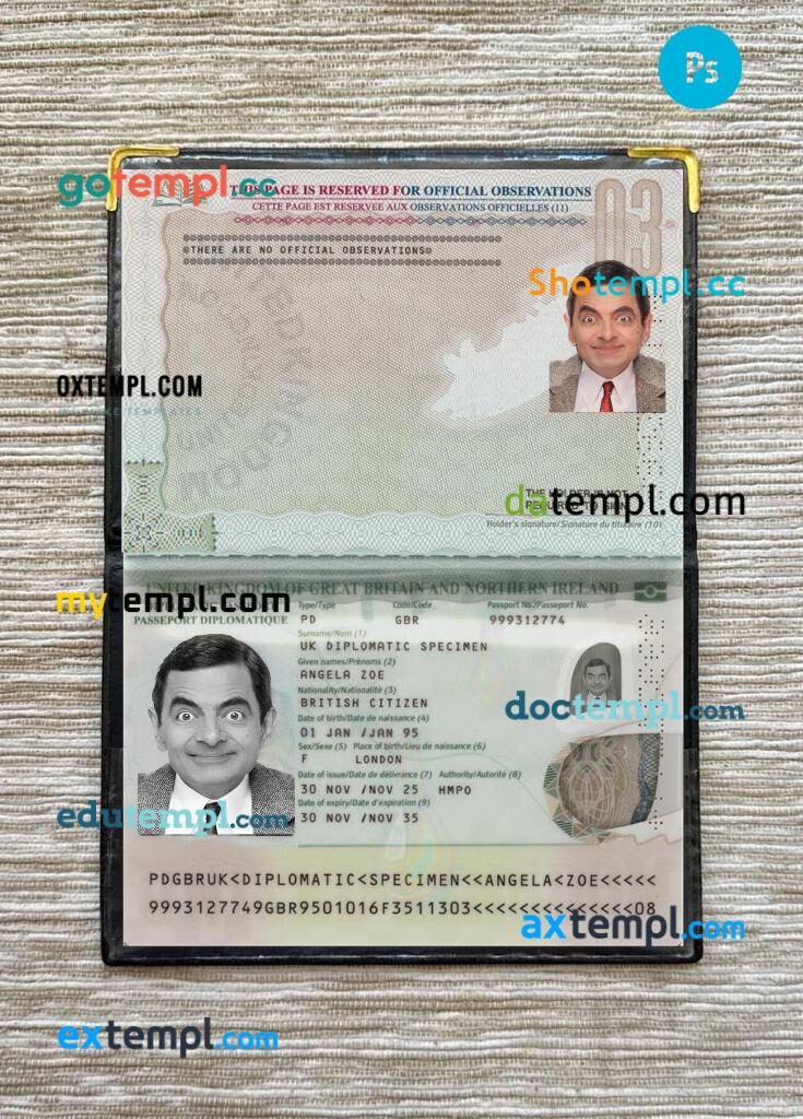United Kingdom diplomatic passport PSD files with address page, scan and photo-realistic look, 2025-present
