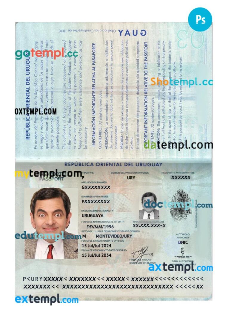 Uruguay passport PSD template, 2024-present