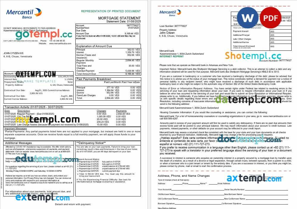 Venezuela Mercantil bank mortgage statement in Word and PDF formats, 3 pages