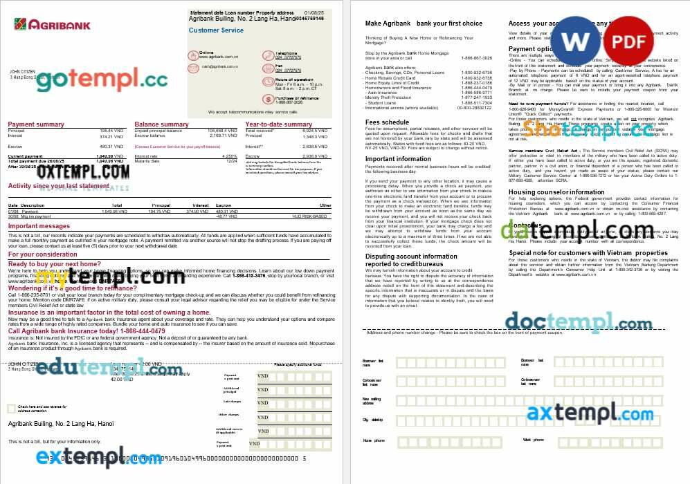 Vietnam Agribank bank mortgage statement in Word and PDF formats, 2 pages
