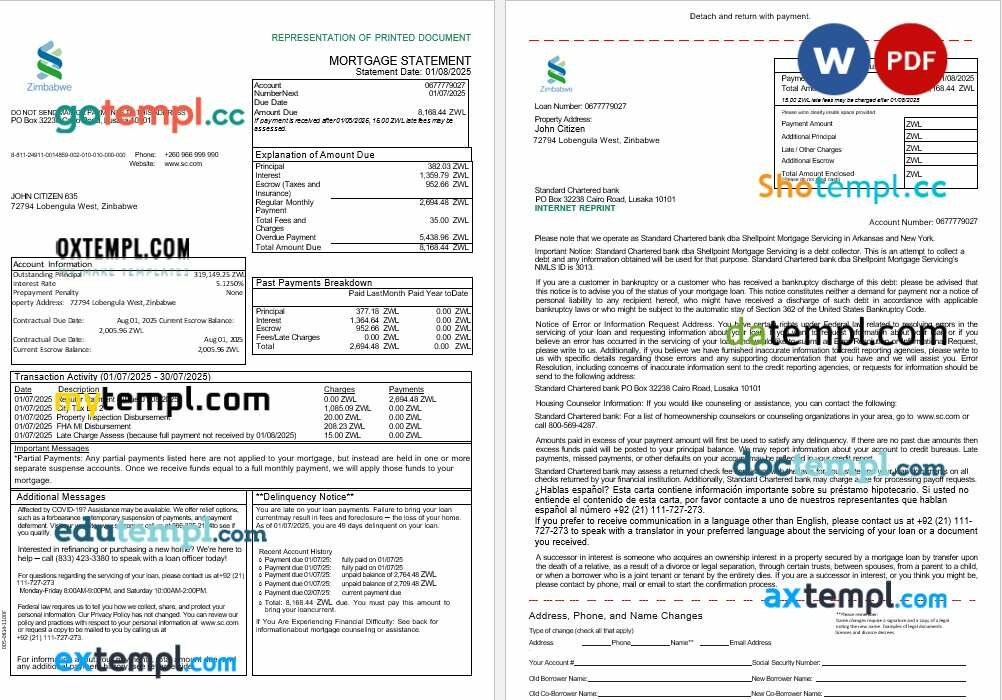 Zimbabwean Standard Chartered Bank mortgage statement in Word and PDF formats, 3 pages